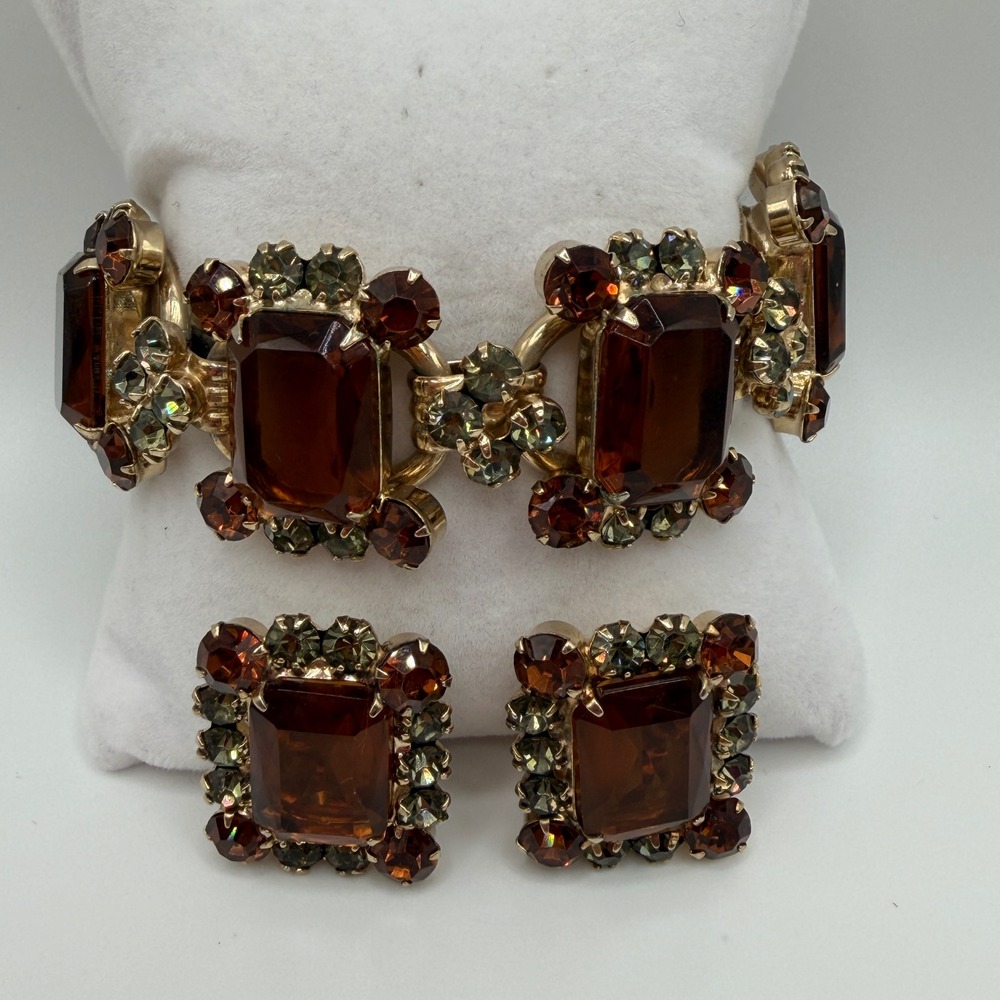 Juliana Elster & DeLizza VTG Smoky Topaz Rhinestone Bracelet and Earrings Set - Picture 3 of 16